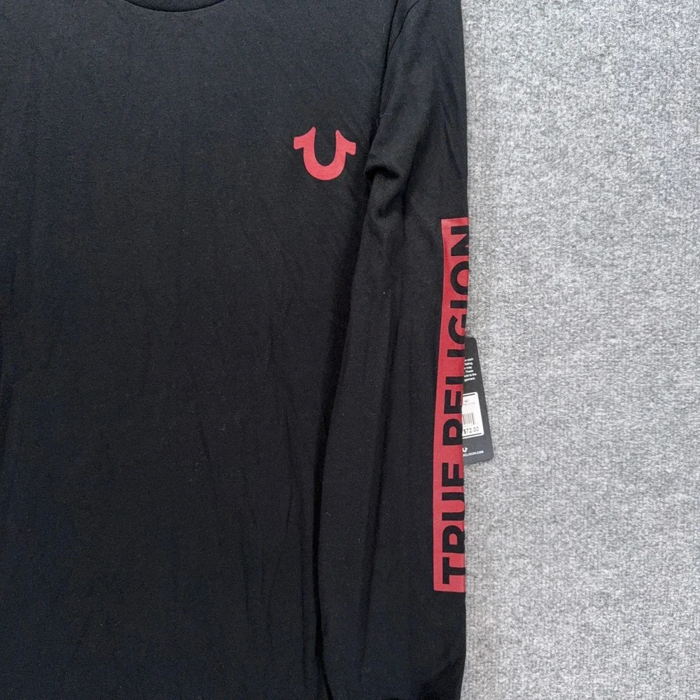 True Religion Shirt Mens Medium Black Red Buddha Logo Graphic Long Sleeve New